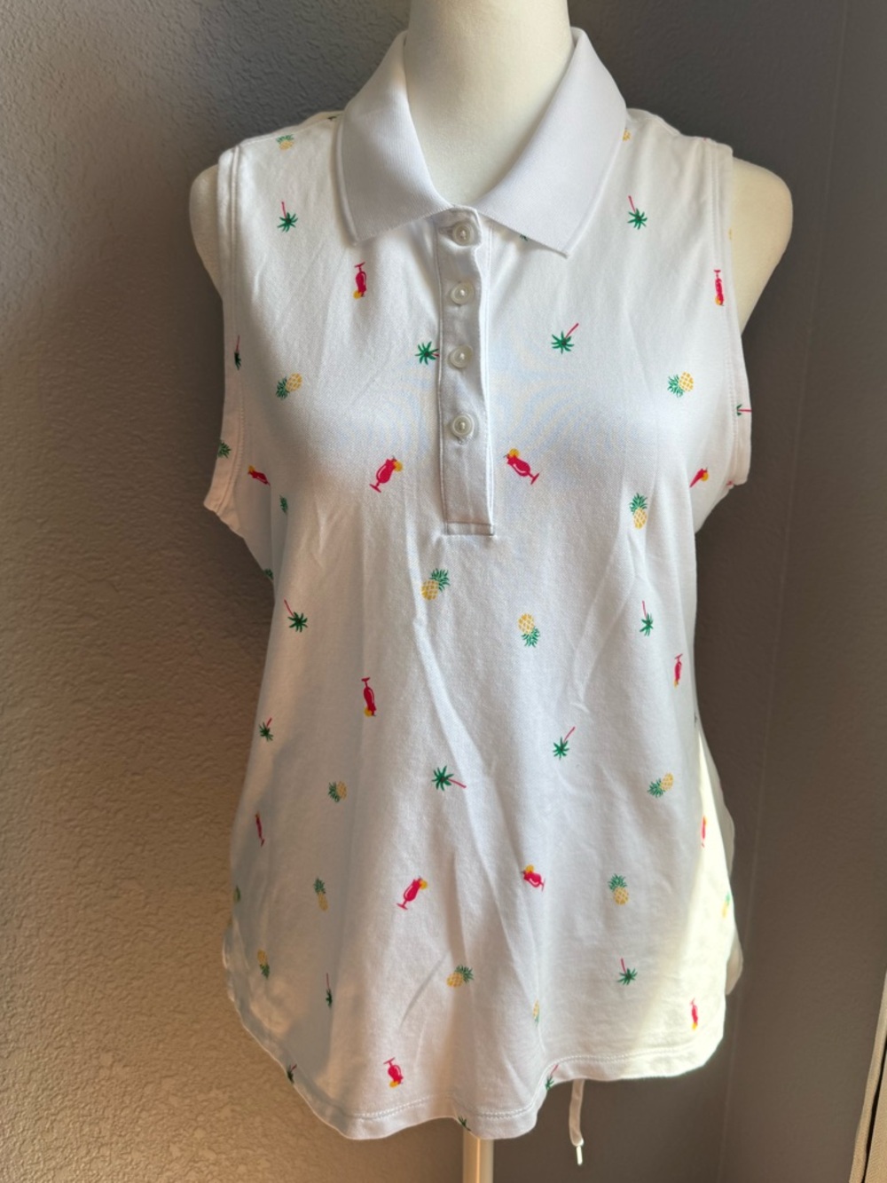 Tommy Bahama Women’s Size Large Sleeveless Polo Top White Tropical Print